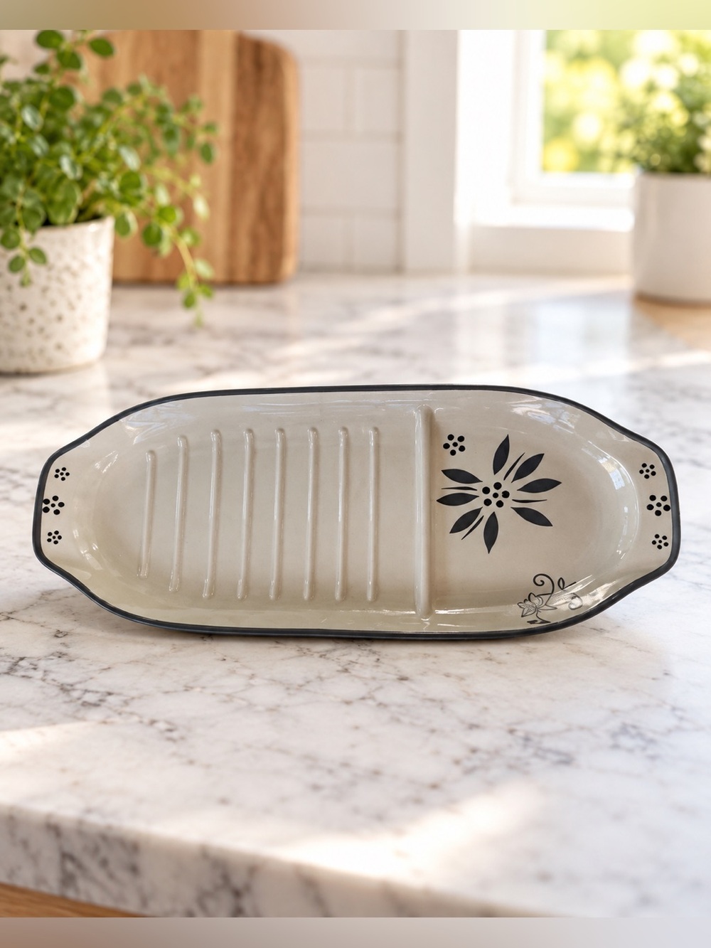 Temp-tations Old World Gray Black Floral Ceramic Serving Tray 17.5”